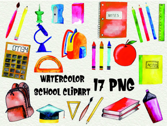 Watercolor School Clipart for Crafts and Graphics Projects